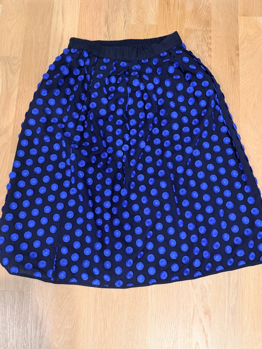 J. Crew Black Midi Skirt with Royal Blue Polka Dots